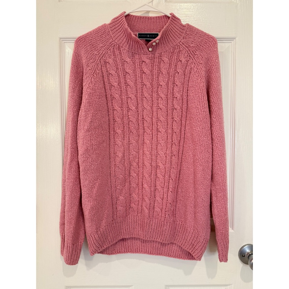 Karen Scott Womens PXL Pink Cable Knit Mock‎ Neck Pullover Sweater